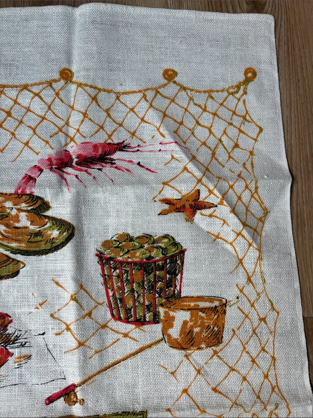 Vintage Fish Market Printed Kitchen Tea Towel - White with Red and Gold Accents